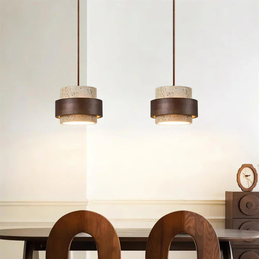 Travertine Stone Pendant Light with Walnut Accent Modern | Stonira
